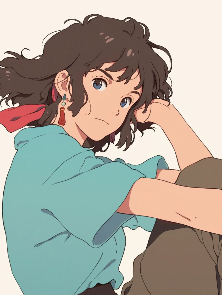 ジブリキャラクター・風と戯れる娘｜風になびく髪と気さくな表情が親しみを誘う少女。小物や耳飾りのアクセントも含め、冒険心と自由さを感じるジブリキャラクターらしい演出が秀逸。