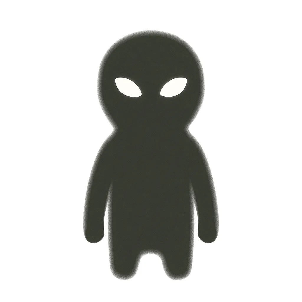 影だけのようなひとがた：怖いキャラクター｜真っ黒な人型シルエットに、うっすら光るような白い目だけが浮かぶキャラクター。姿は見えるのに輪郭が曖昧で、どこか別の次元から来たような印象。白背景で不気味さが強調されます。