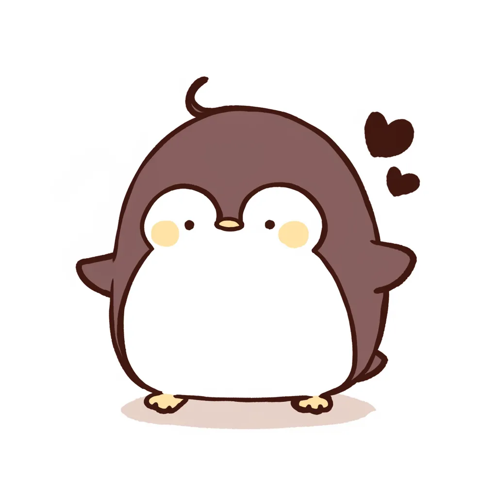 くり目がかわいいペンギンキャラクター｜まんまるの瞳とちょこんとした立ち姿が魅力的なペンギンキャラクター。小さな毛のはねも愛嬌があり、ラフなタッチがペンギンキャラクターの素朴さを引き立てています。