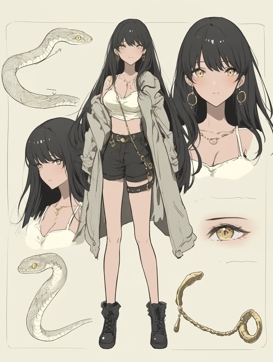 ゴールドアクセのヘビキャラクター｜ロングヘアとゴールドの装飾が印象的なヘビキャラクター。細部まで描かれた瞳と蛇の模様が、高貴でスタイリッシュな魅力を放ちます。