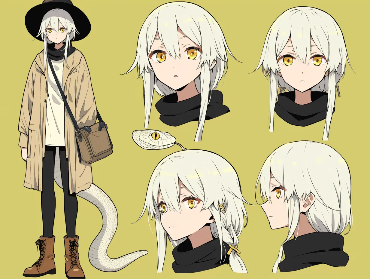 麦わら帽のヘビキャラクター｜ナチュラルな色合いと麦わら帽が印象的なヘビキャラクター。金の瞳と白蛇の対比が美しく、全体として落ち着きと都会的なセンスが漂います。
