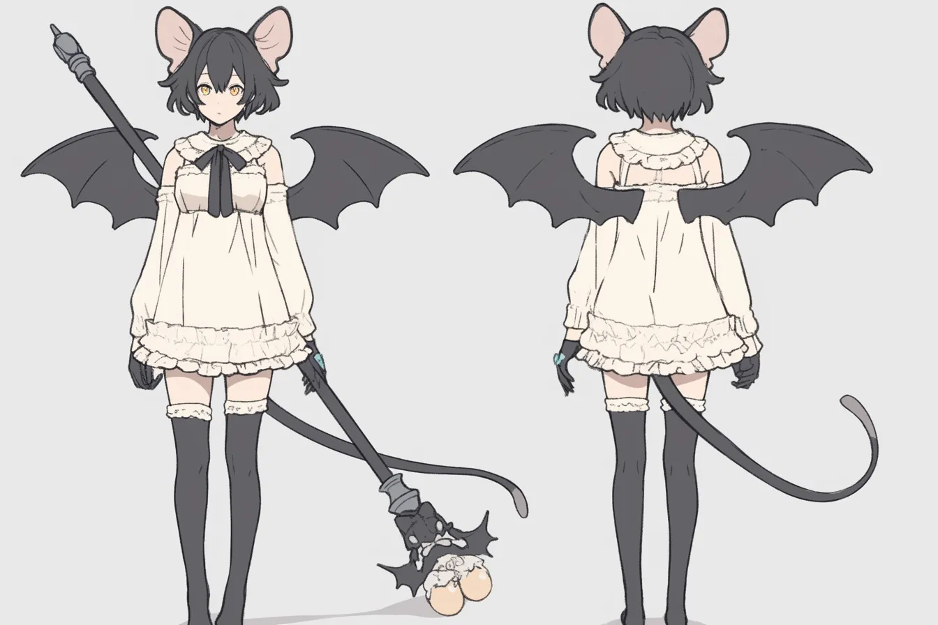 フリルワンピのコウモリキャラクター｜フリル付きの白ワンピースと大きな耳が印象的なコウモリキャラクター。小さな黒翼と長いしっぽが可憐さと非日常性を絶妙に両立させています。