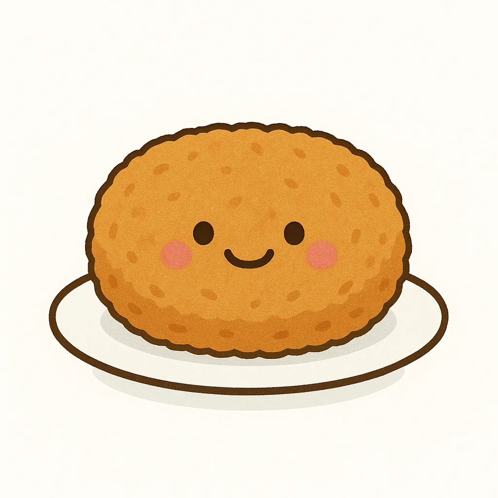 にっこり笑顔のコロッケキャラクター｜まるいコロッケににっこり笑顔がついた、ほっこりかわいいキャラクター。さっくり衣とふっくら感が表現されていて、見ているだけでおいしそう！お皿にちょこんと乗っているのもポイントです。
