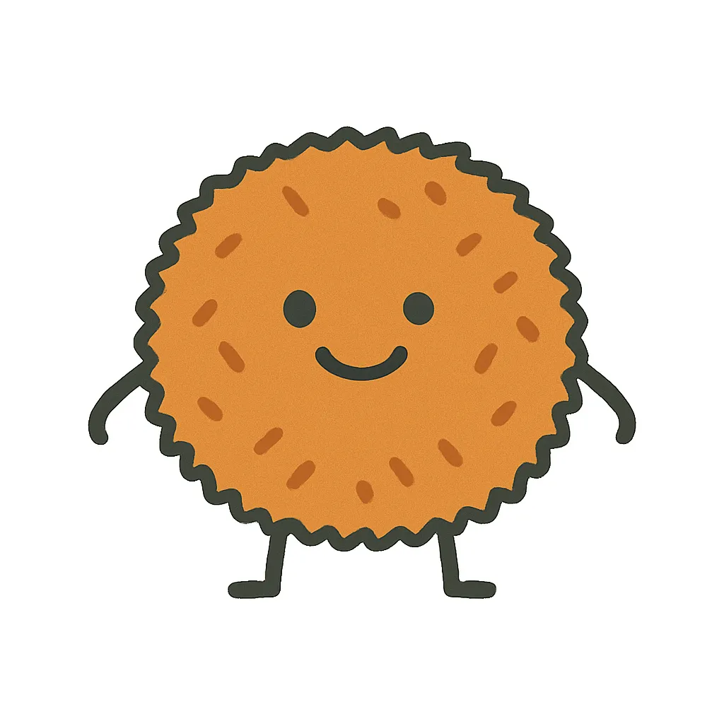サクサクコロッケくん｜まんまるのコロッケに顔がついた、サクサクで元気なキャラクターです。衣のザクっとした質感をシンプルな線で表現し、表情はにっこり。ごはんにも合いそうな親しみやすい存在で、白背景に映えるデザインです。