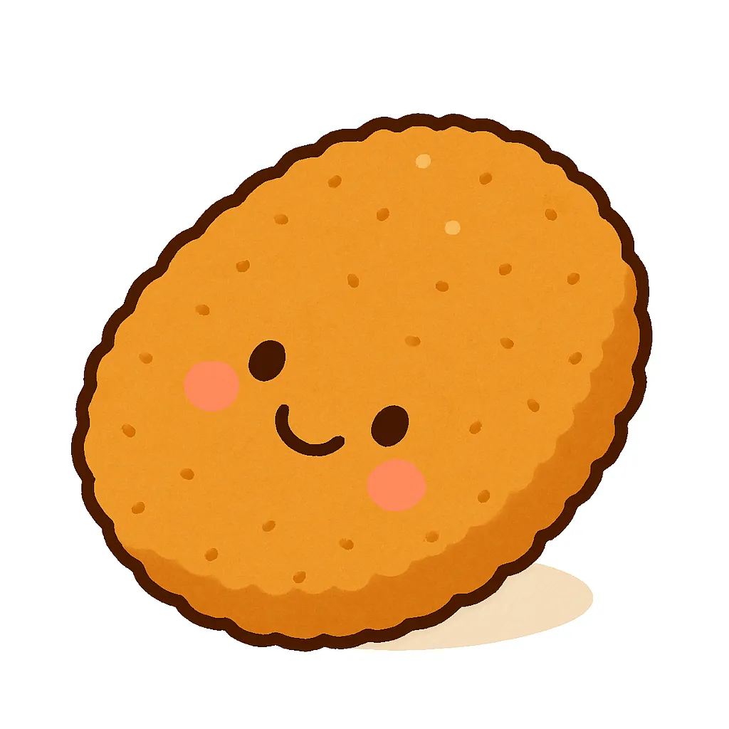 転がってるコロッケキャラクター｜お皿の上からコロンと転がった瞬間の、ちょっと斜めになったコロッケキャラクター。まんまるの形と、にっこり顔のギャップがなんとも愛らしく、元気で楽しい雰囲気を演出します。