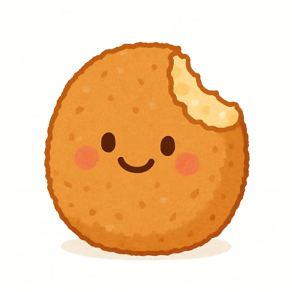 かじられたコロッケキャラクター｜片側がぱくっとかじられてしまっているコロッケキャラクター。それでもにっこり笑顔なのがなんともかわいくて、シュールなユーモアを感じさせます。断面の表現がリアルでアクセントに。