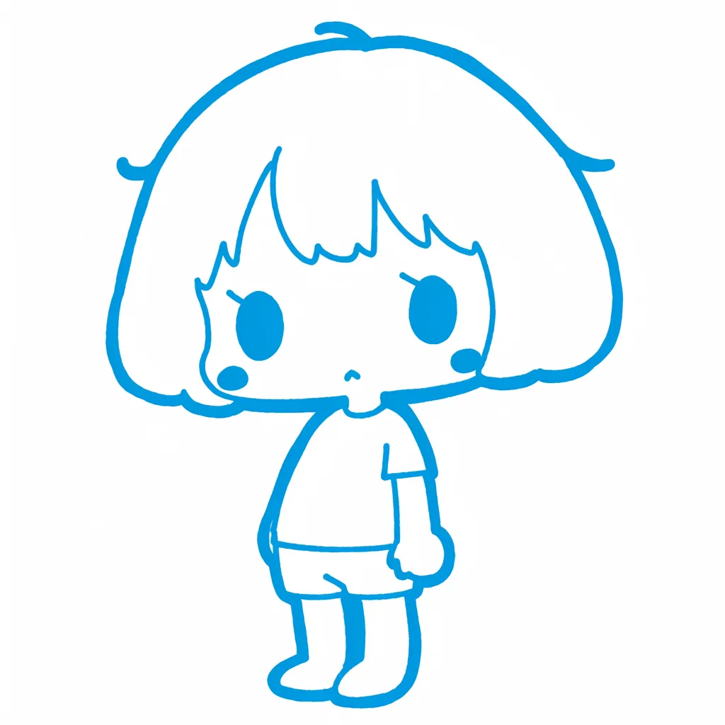 線画だけの水色キャラクター｜輪郭と表情のすべてを水色の線のみで構成したシンプルな水色キャラクター。無表情に近い困り顔が印象的で、素朴ながらもどこか感情を感じさせる静かな魅力があります。