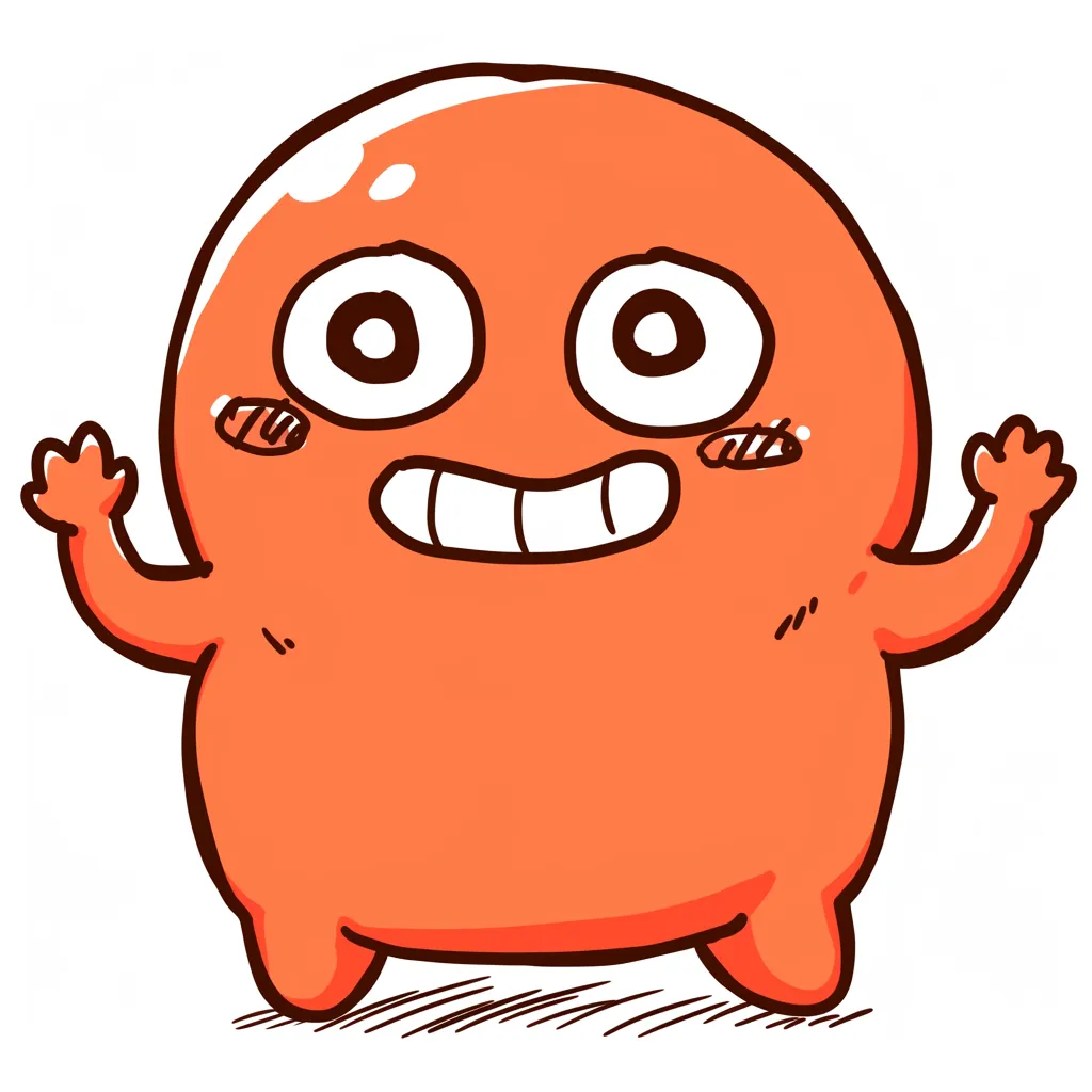 おどろき顔の赤キャラクター｜歯を見せた表情とぐるぐる目がユーモラスな赤キャラクター。あえて線をラフに残したタッチが印象的で、アナログ風の味わい深いスタイルが際立ちます。