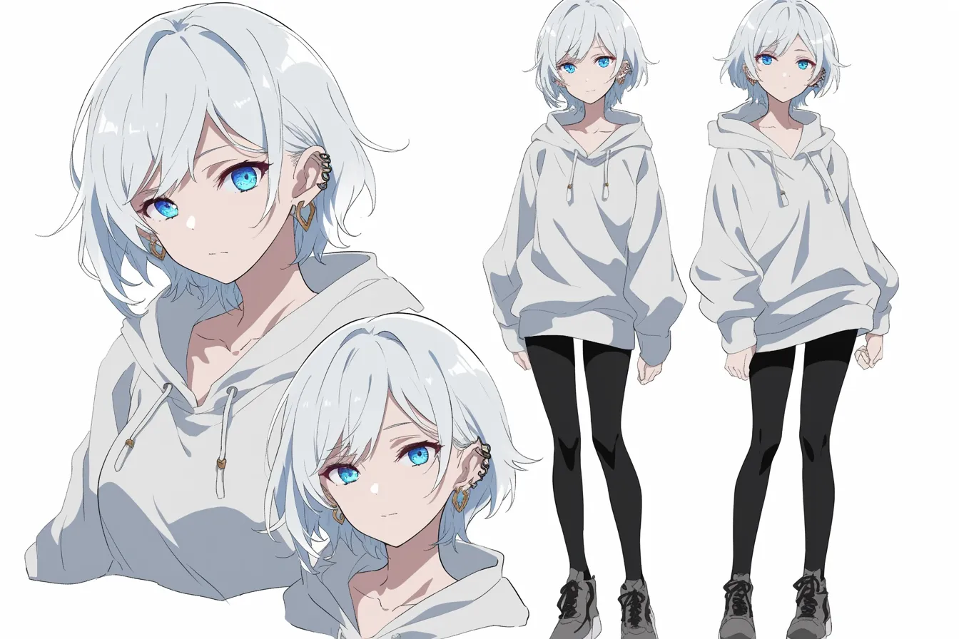 銀髪キャラクターのシンプルな魅力｜銀髪キャラクターのシンプルな髪型とファッションが、自然な魅力を引き立てています。表情は穏やかで、優しさと強さが感じられ、シンプルなデザインがその魅力を引き出しています。