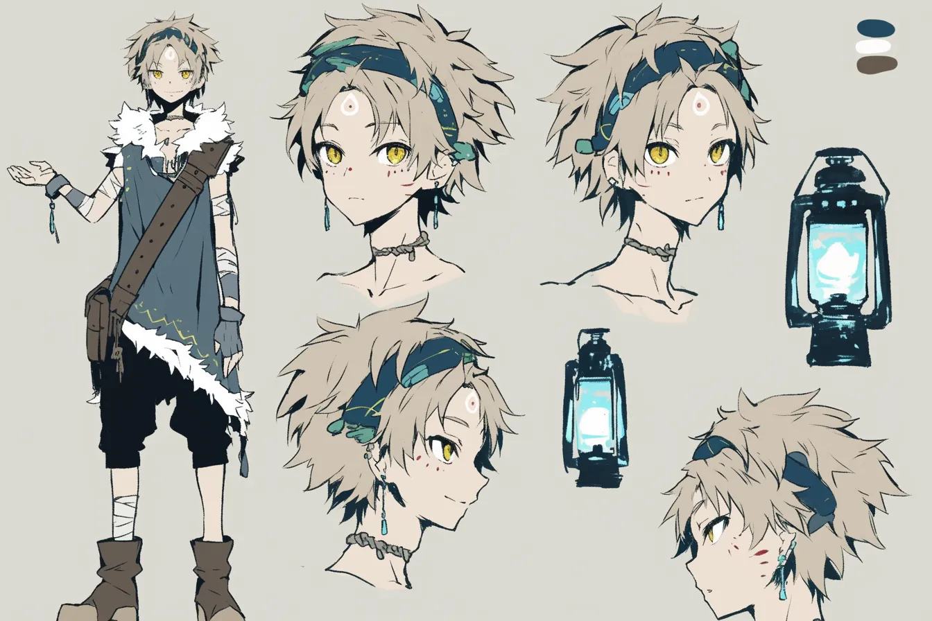 月灯りの盗賊キャラクター｜神秘的な第三の目と光るランタンが特徴的な、夜の森に溶け込むようなデザイン。青を基調にした装いと儀式的な装飾が異世界感を引き立て、独自の世界観で盗賊キャラクターの知略と静けさを表現。