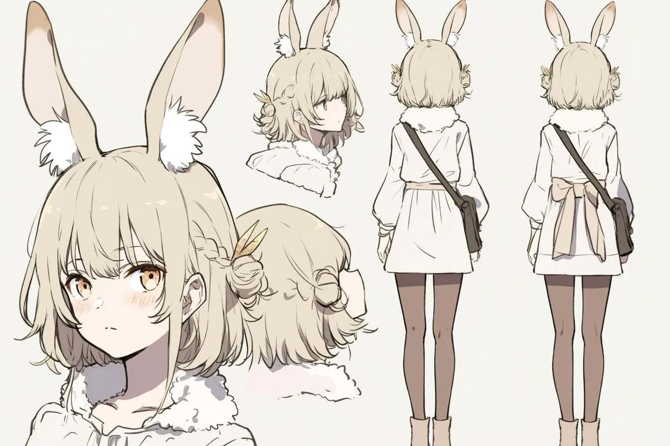 うさみみキャラクター：ふわ耳とリボンの白ワンピ娘｜長い耳と白い服がやさしく溶け合い、髪の編み込みやリボンが穏やかさを強調。控えめな瞳が印象的な、可憐なうさみみキャラクターです。