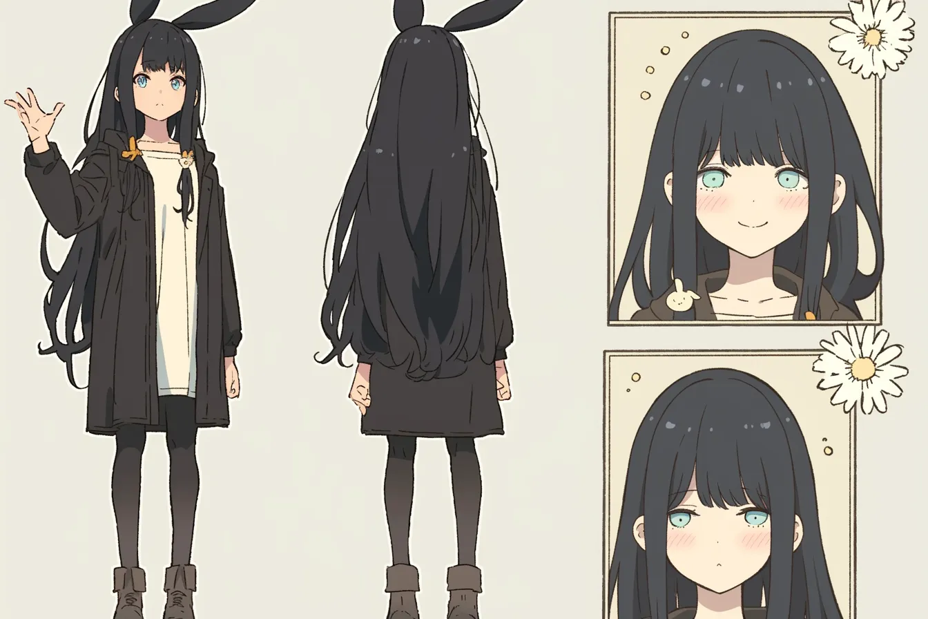 黒コートのうさみみキャラクター｜ダークカラーのアウターに、ストレートで艶のある黒髪が映えるうさみみキャラクター。控えめな表情とシックな装いが落ち着いた世界観を演出している。