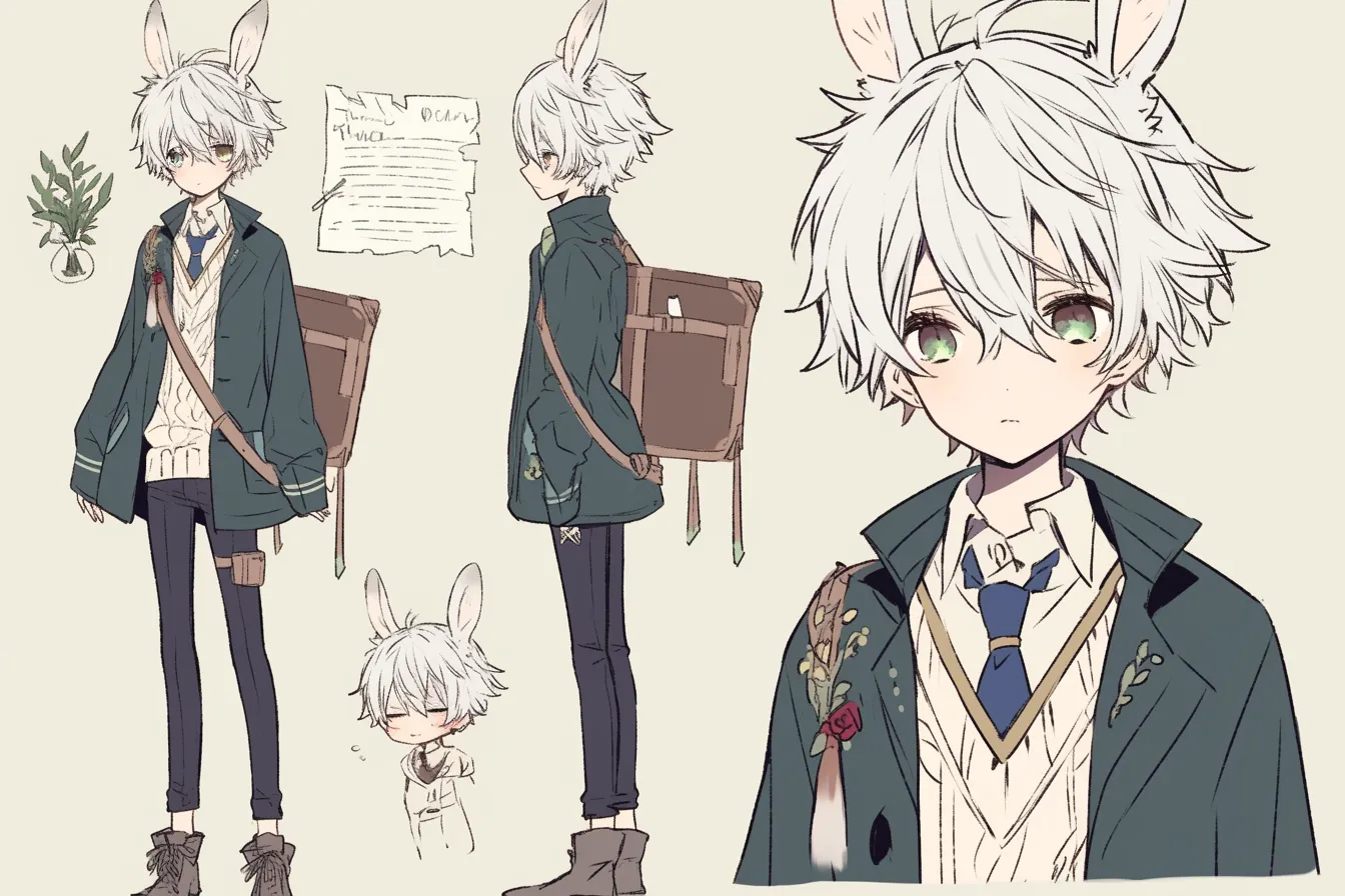 草木モチーフのうさみみキャラクター｜白髪に緑の瞳が映える繊細なうさみみキャラクター。制服とブレザーに草花モチーフの刺繍が施され、自然と調和したような透明感のある佇まいが魅力。