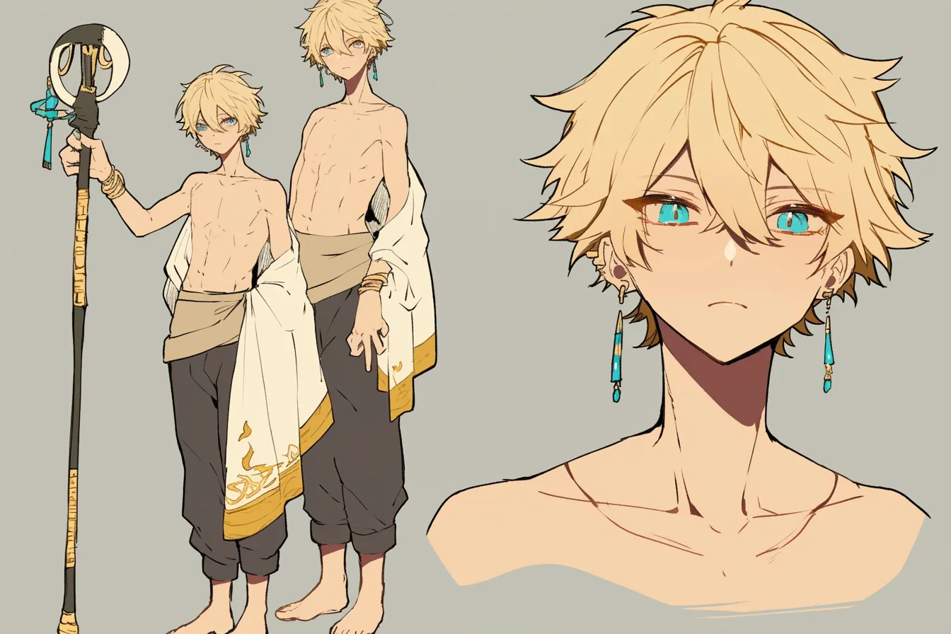 砂漠の守人僧侶キャラクター｜裸足にゆるやかな衣が風土を感じさせる僧侶キャラクター。金装飾と青い瞳が強さとやさしさを共に表現している。