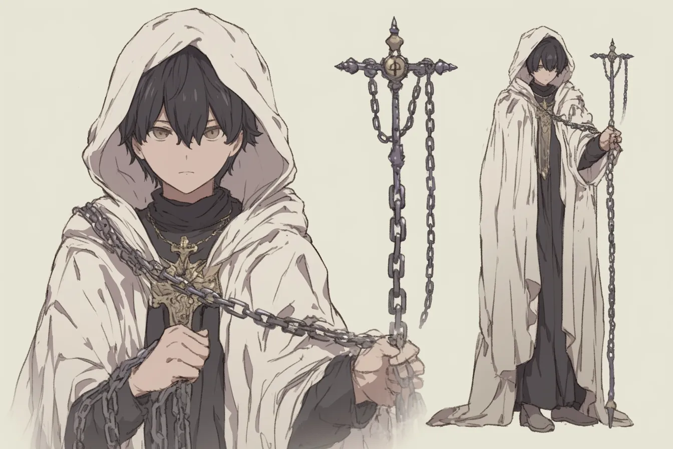儀式の鎖を操る僧侶キャラクター｜重厚な鎖とクロス装飾が特徴の僧侶キャラクター。フード姿と金属的な質感が儀式の重みを強く伝えてくる。