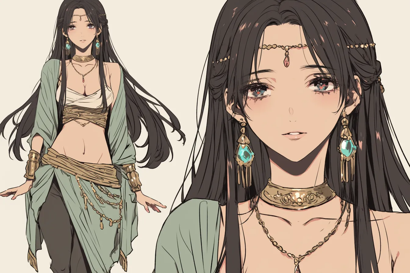 異国の祈りの踊り子キャラクター｜金の装飾と柔らかな緑衣が幻想的な踊り子キャラクター。瞳に宿る祈りの光が、静かな舞に力を与える印象を残す。