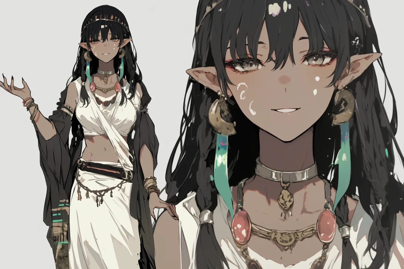 儀式を舞う踊り子キャラクター｜象徴的な装飾と白黒の衣が神秘的な踊り子キャラクター。表情の奥に見える強さが儀式的な舞に説得力を与えている。