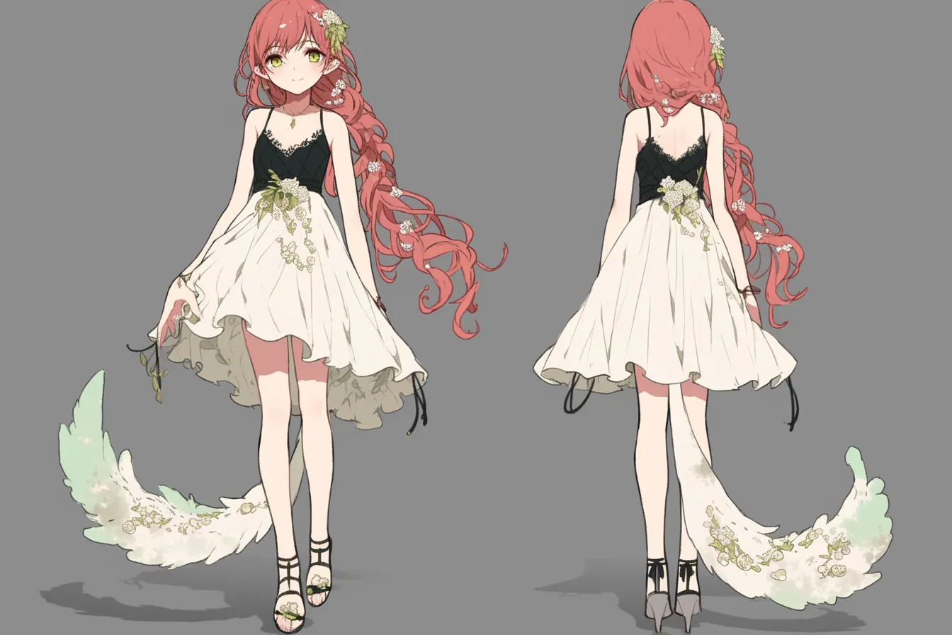 花を纏う踊り子キャラクター｜白ドレスと長い赤髪が華やかな踊り子キャラクター。花をあしらった装飾と柔らかな表情が春の舞を感じさせる。