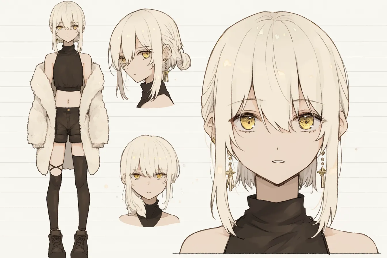 モード系踊り子キャラクター｜モノトーンの現代的衣装にクロスピアスが映える踊り子キャラクター。都会的で洗練された雰囲気が舞にスタイリッシュさを加える。