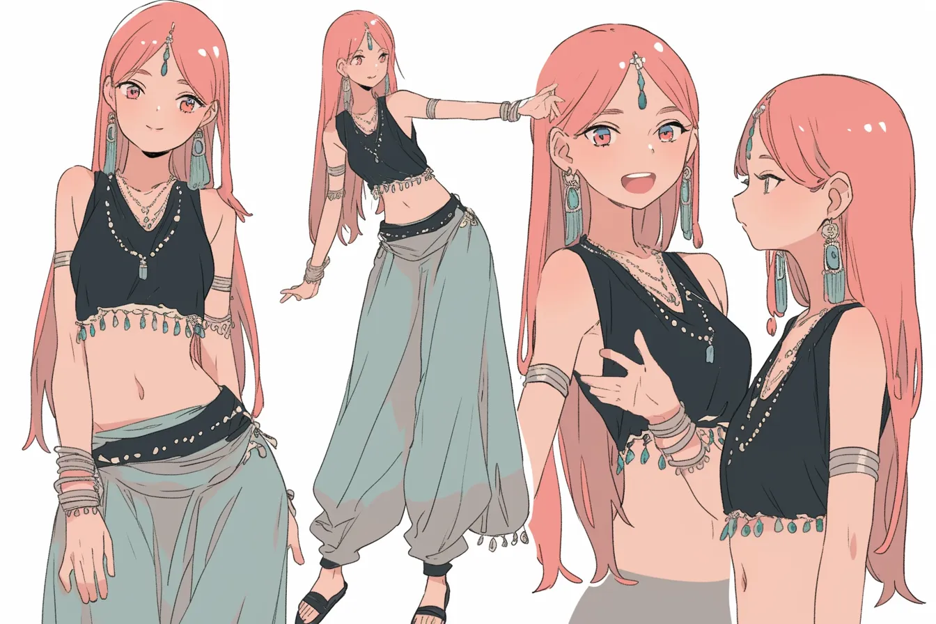 宝石飾りの踊り子キャラクター｜ピンク髪と華やかな装飾が印象的な踊り子キャラクター。明るく開放的な笑顔と軽やかな動きが陽気な舞を思わせる。