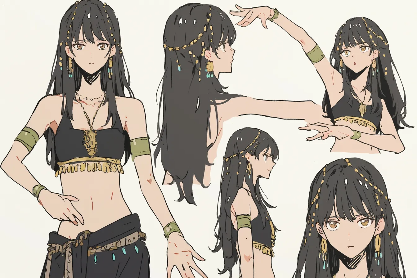 古代の踊り子キャラクター｜金と黒のアクセサリーが繊細に揺れる踊り子キャラクター。静かな佇まいの中に秘められた情熱が舞の奥行きを感じさせる。