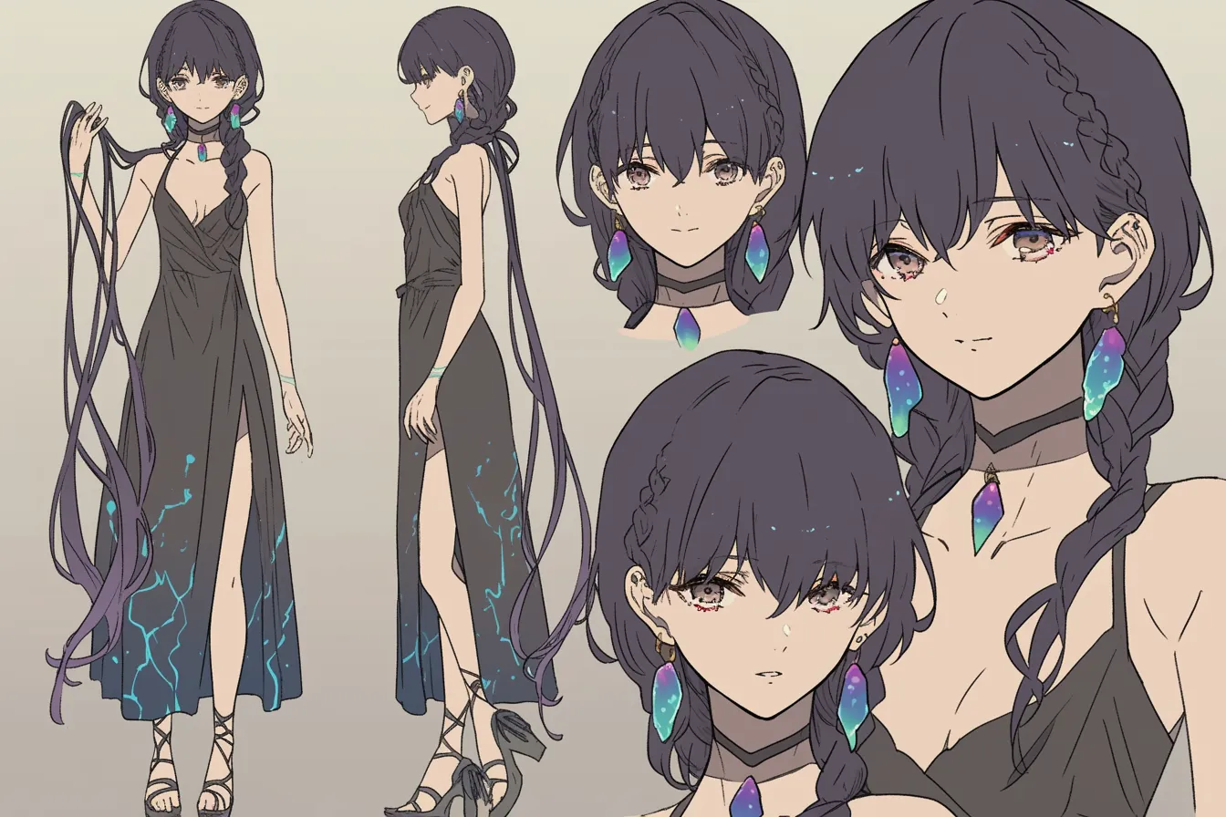 星の加護を受けた踊り子キャラクター｜幻想的な宝石と黒衣が特徴的な踊り子キャラクター。星を宿したような輝きが神秘の舞に神々しさを添えている。