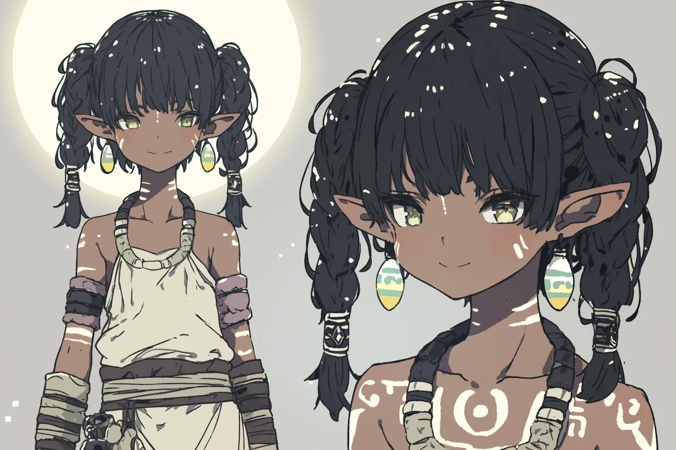 太陽に照らされる踊り子キャラクター｜白い装束と塗装された肌が象徴的な踊り子キャラクター。強い光の下でも笑顔を絶やさず、大地の舞を感じさせる。