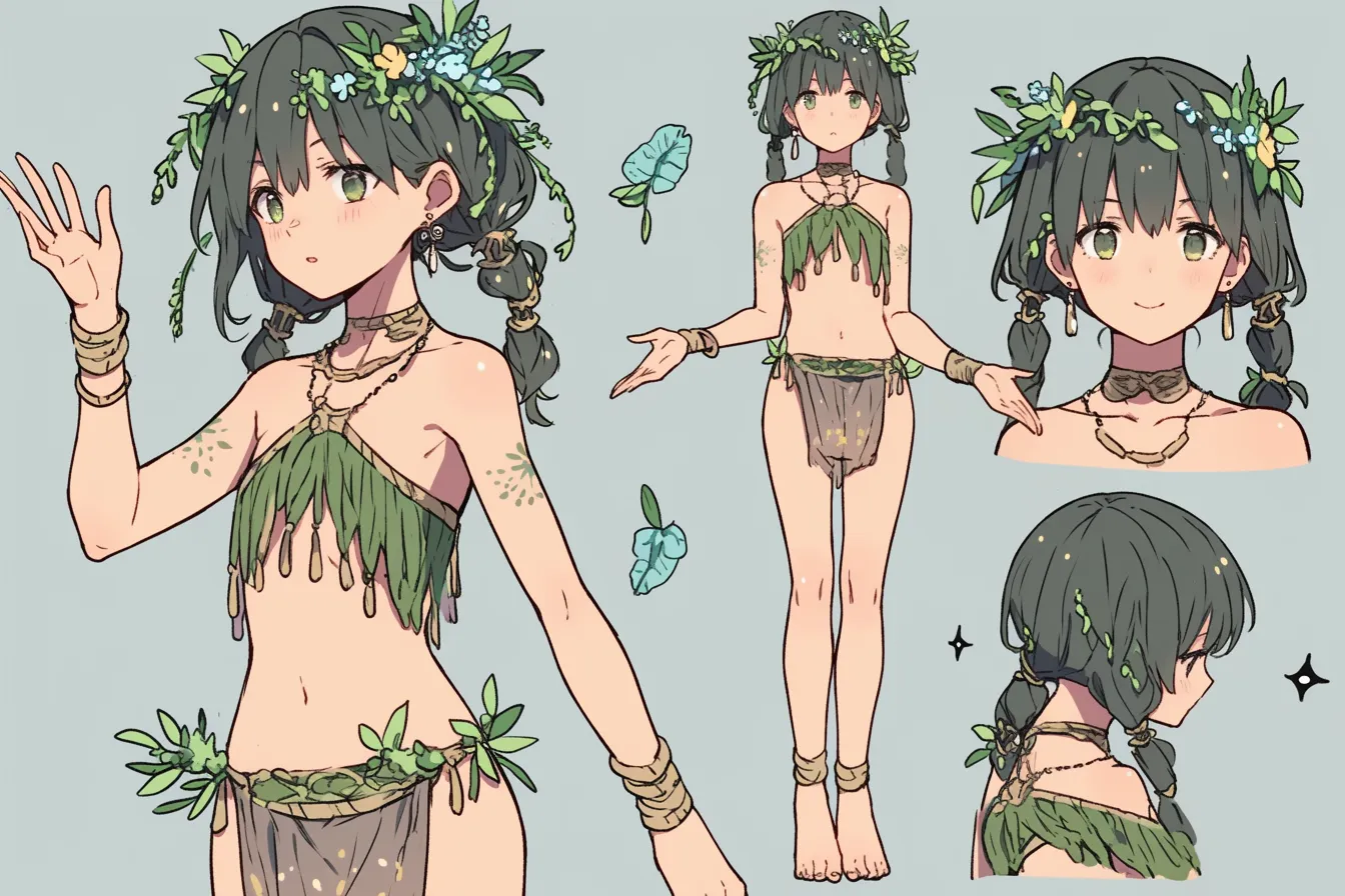 森の恵みを纏う踊り子キャラクター｜草木の衣と花飾りが自然を表現する踊り子キャラクター。小さな体にあふれる生命力が、軽やかな舞を演出する。