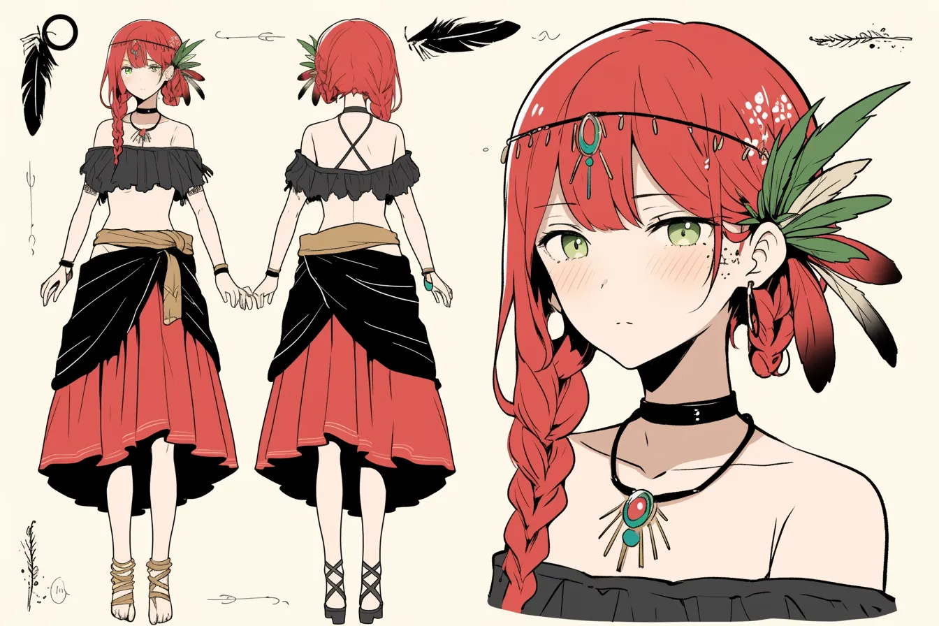 赤と黒の羽根飾りの踊り子キャラクター｜鮮やかな赤髪と黒の衣装に羽根飾りが映える踊り子キャラクター。静かな目元に力強い舞の意志を秘めている。