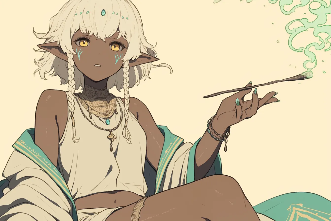神秘の筆を持つ踊り子キャラクター｜筆と魔法のような演出が目を引く踊り子キャラクター。静けさとともに紡がれる動きが儀式のような神聖さを感じさせる。