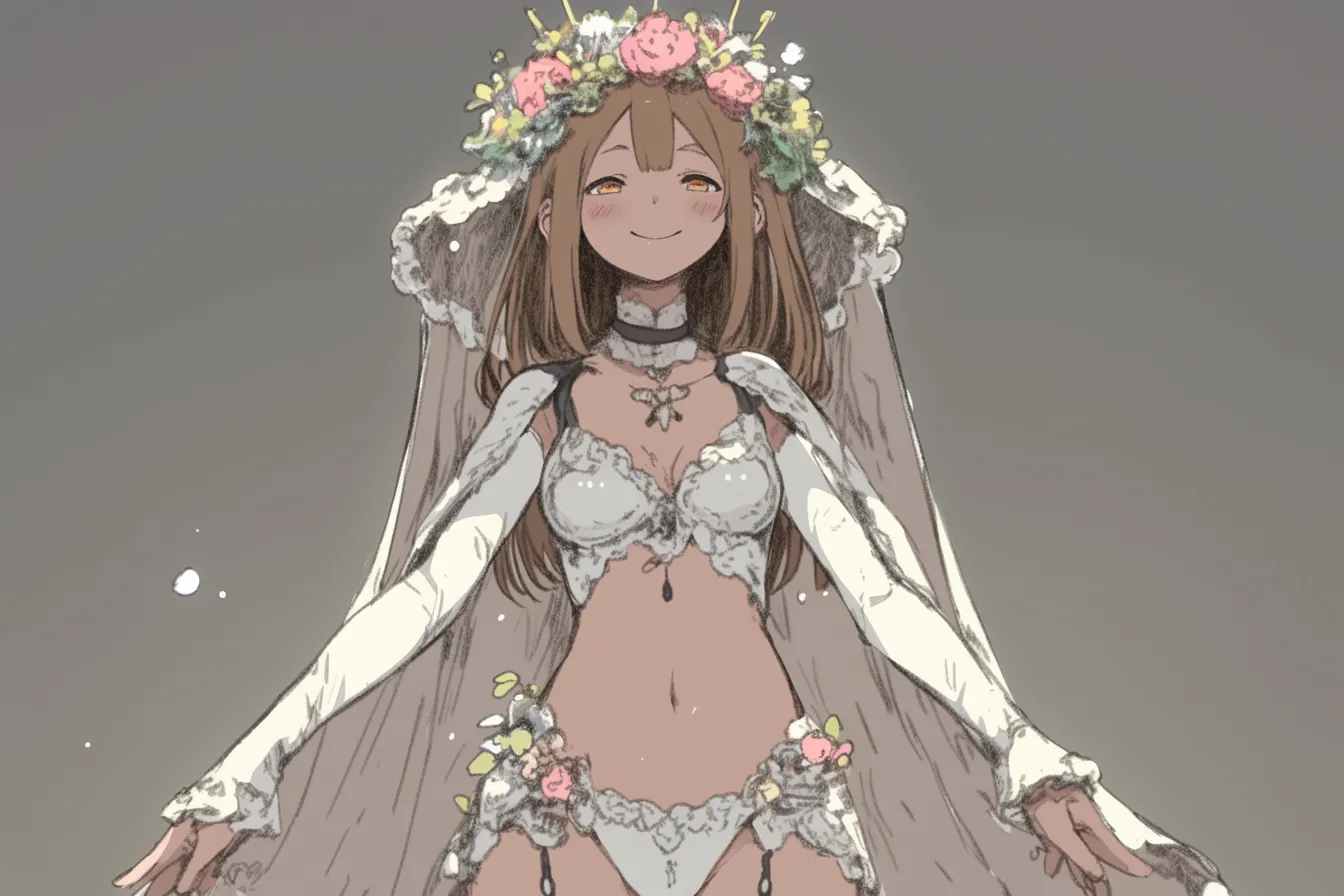 花嫁風の踊り子キャラクター｜レース衣装に満開の花冠を纏った踊り子キャラクター。祝福と華やぎをまとった舞は、幸福の象徴のよう。
