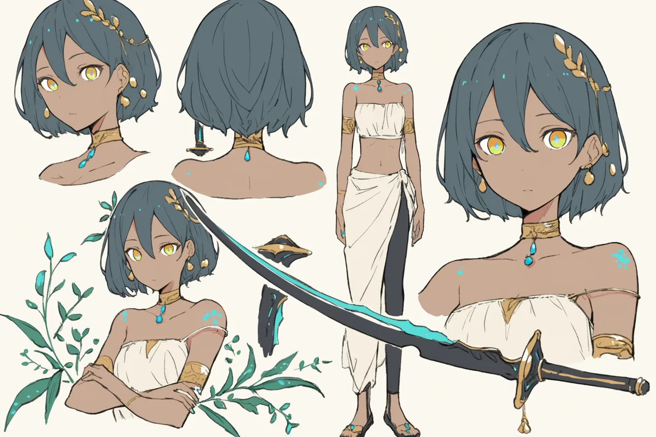 聖なる剣を持つ踊り子キャラクター｜黄金装飾と聖剣の組み合わせが特徴的な踊り子キャラクター。優雅な立ち姿に、静かなる戦いの舞を感じる。