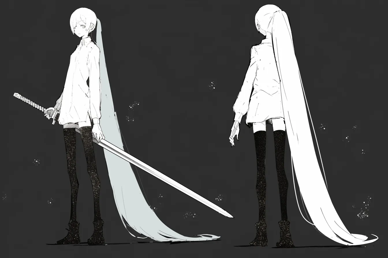 白黒モノトーンの幻想剣士キャラクター｜極端なコントラストが映えるシンプルな構成に、流れるような長髪と細身の刀が幻想的な余韻を生む。静謐で神秘的な剣士キャラクターとして非現実感を強く表現している。