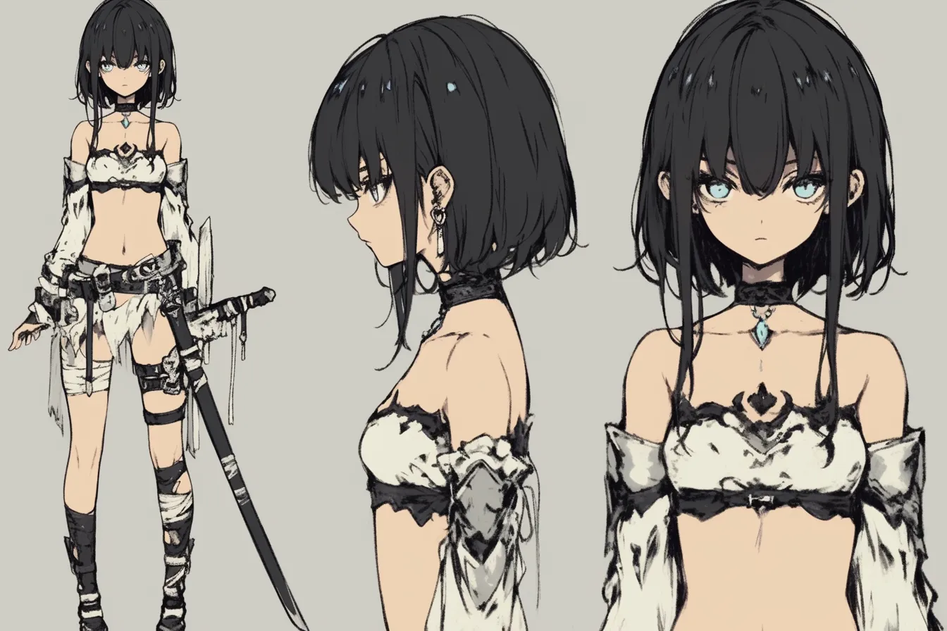 荒廃衣装の鋭眼剣士キャラクター｜傷んだ服と鋭い視線が対照をなす構成で、戦場の現実をそのままに背負うような雰囲気。装飾を排した質感が、実戦型の剣士キャラクターとしての強さを際立たせている。