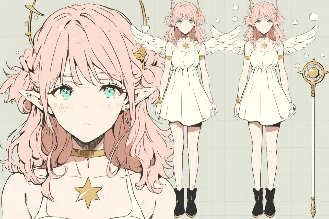 神秘の星冠魔法少女キャラクター｜ピンクの髪と星型の冠が印象的な魔法少女キャラクター。瞳に宿るやさしさと神秘的な衣装が、月夜に輝く星のような存在を想起させます。