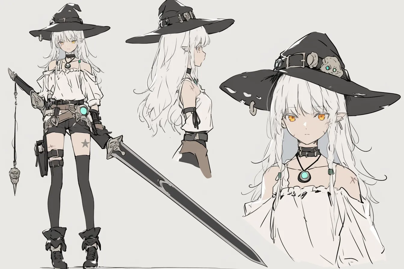 魔術と剣を融合した剣士キャラクター｜ウィッチハットや魔具のような装備が特徴で、剣と魔法の狭間に生きる冒険者の姿を描く。自由で型にとらわれない剣士キャラクターとしての魅力が際立っている。