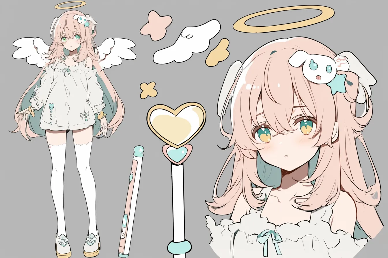 ハートゆるふわ魔法少女キャラクター｜パステルカラーのハートモチーフとふんわりした服が可愛い魔法少女キャラクター。癒し系の表情とシンプルな羽が愛らしさを引き立てます。