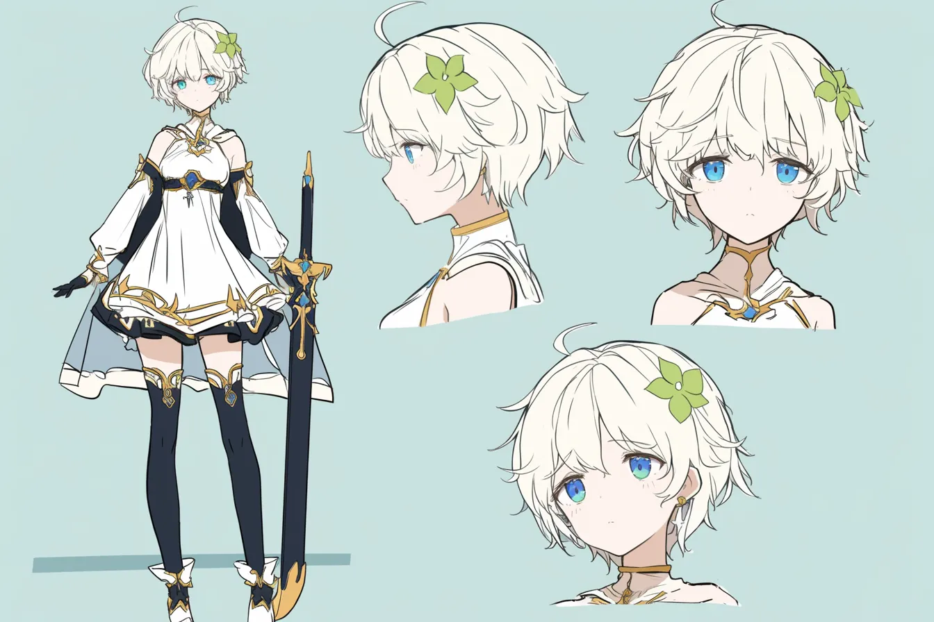 聖衣を纏う儚げな剣士キャラクター｜光を思わせる白基調の衣装と澄んだ瞳が印象的で、神聖な力を宿したような存在感がある。清らかさと憂いが混ざる剣士キャラクターとして、神秘性にあふれている。