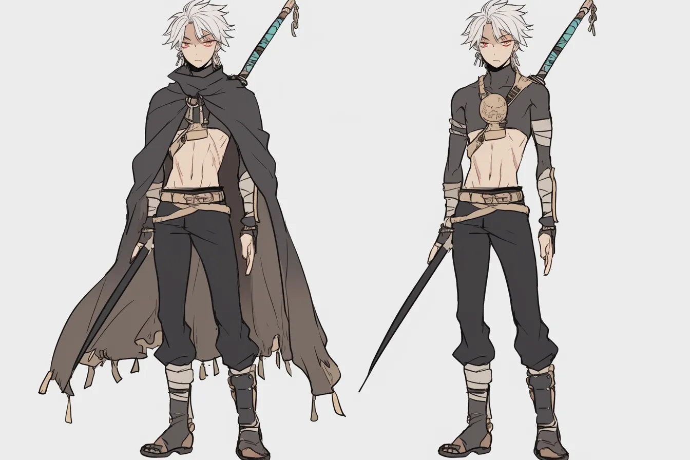 包帯姿の放浪剣士キャラクター|上半身をさらけ出した衣装と粗野な装備に、過去の傷と覚悟がにじむ。無骨で静かな旅人としての剣士キャラクターが、物語の深みを予感させる造形。
