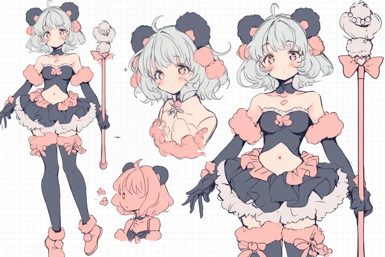くまみみモコモコ魔法少女キャラクター｜くま耳とふわふわの毛足がキュートな魔法少女キャラクター。ピンクとブラックの対比が効いたポップでお茶目なデザインで、見ているだけで笑顔になれるような愛嬌がある。
