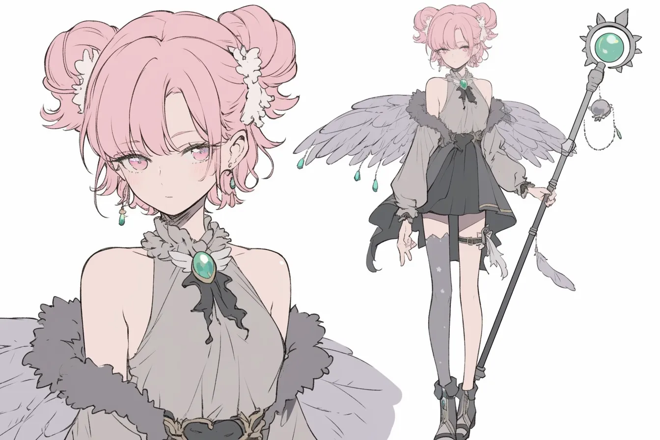 シックエメラルドの魔法少女キャラクター｜黒とエメラルドグリーンの組み合わせが美しい魔法少女キャラクター。落ち着いたトーンと羽根モチーフの装飾が大人びた雰囲気を醸し出し、静かな力強さを感じさせる。