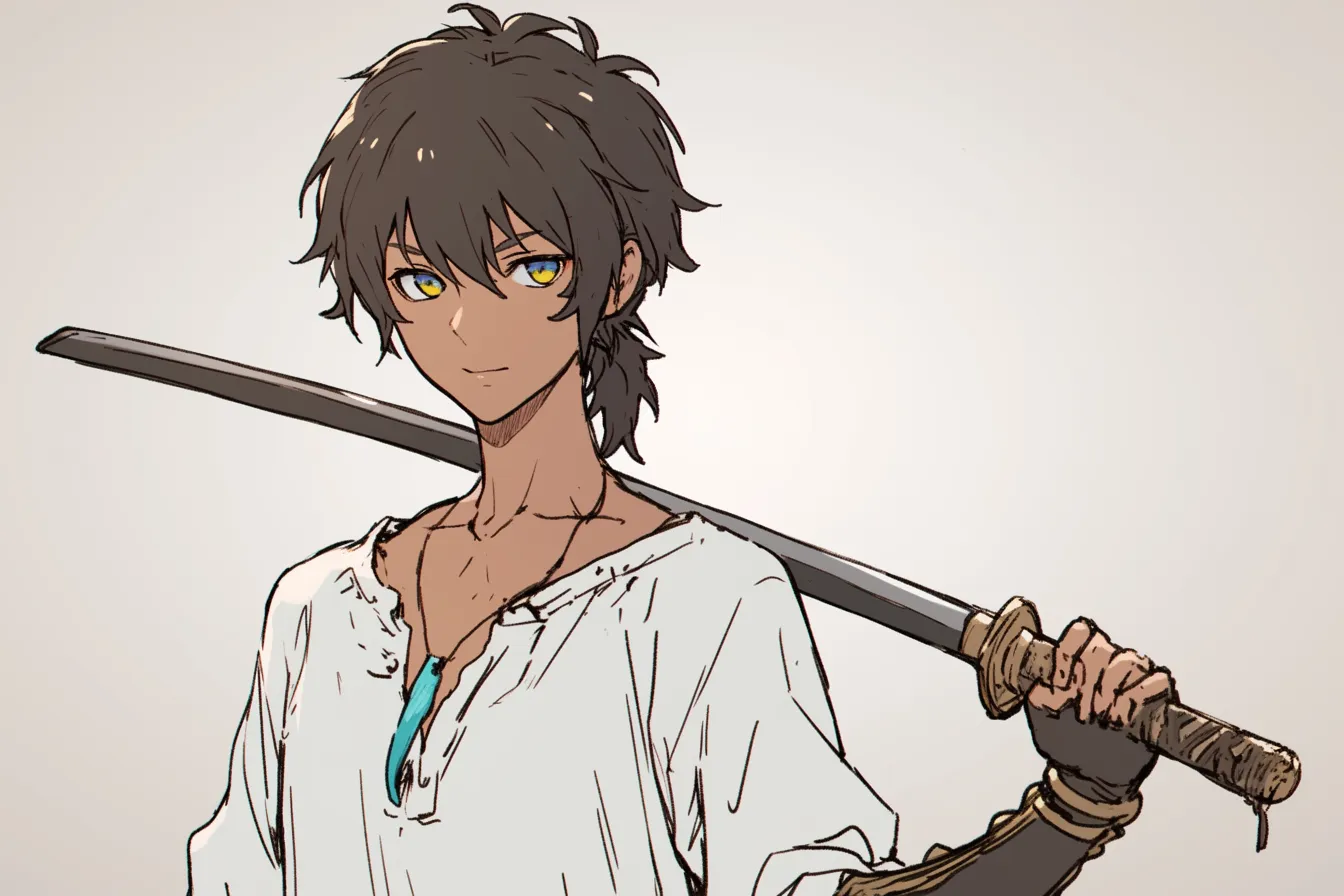 旅する褐色剣士・刀キャラクター｜日焼けした肌とラフな衣装が開放的な雰囲気をもたらす刀キャラクター。明るい表情とすらりとした剣姿が軽やかで、自由な旅人のような印象を与える。