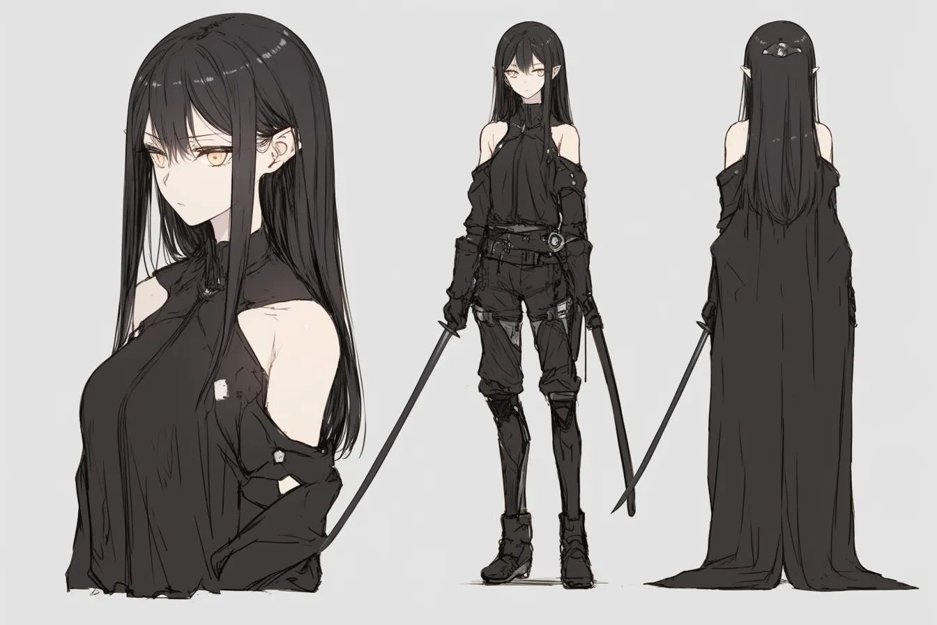 黒衣に身を包む漆黒の剣士キャラクター|全身を覆う黒衣と鋭利な刀が陰の存在感を放ち、静けさと緊張感を同時に与える構成。隠密と実力を兼ね備えた剣士キャラクターとして魅力が凝縮されている。