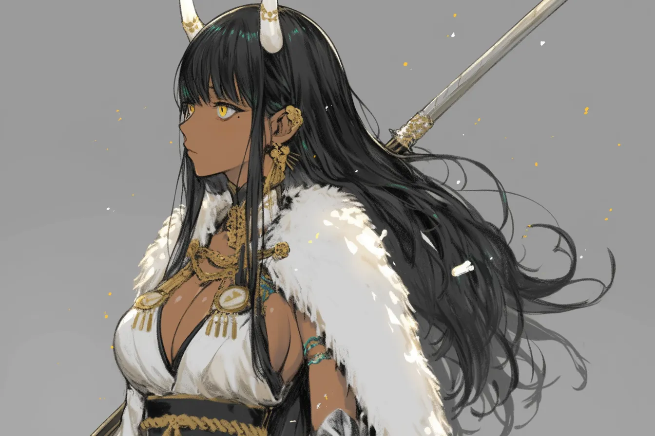 白毛と金装飾の異国剣士キャラクター|豊かな装飾と褐色の肌が異国的な重厚感を醸し、豪華さと威厳が同居する構成。存在そのものが物語を語るような剣士キャラクターとして強烈な印象を残す。
