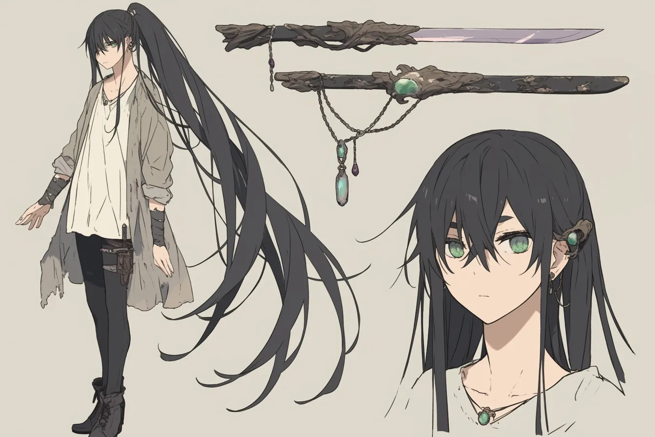 宝石を纏う静謐な剣士キャラクター|長く伸びた黒髪と自然素材の装備が神秘的な雰囲気を演出。無言の意志を感じさせる眼差しが印象的で、古代と共鳴するような剣士キャラクターとして魅力を放つ。
