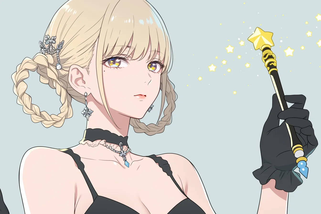 星の魔法杖キャラクター｜金髪に編み込まれた装飾と星形の杖が華やかな印象。黒ドレスと手袋でまとめられたファッションが上品で、気品ある杖キャラクターの個性が際立ちます。