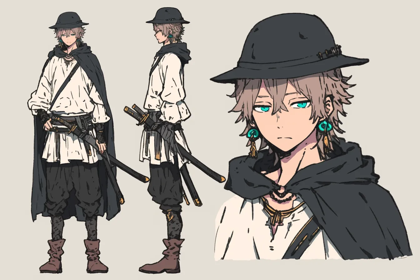 帽子と耳飾りの吟遊剣士キャラクター|遊び心ある装飾と旅人らしい軽装が特徴で、風のように自由な印象を持つ。剣を携えながらも軽やかな立ち姿が、漂泊の剣士キャラクターを印象づけている。