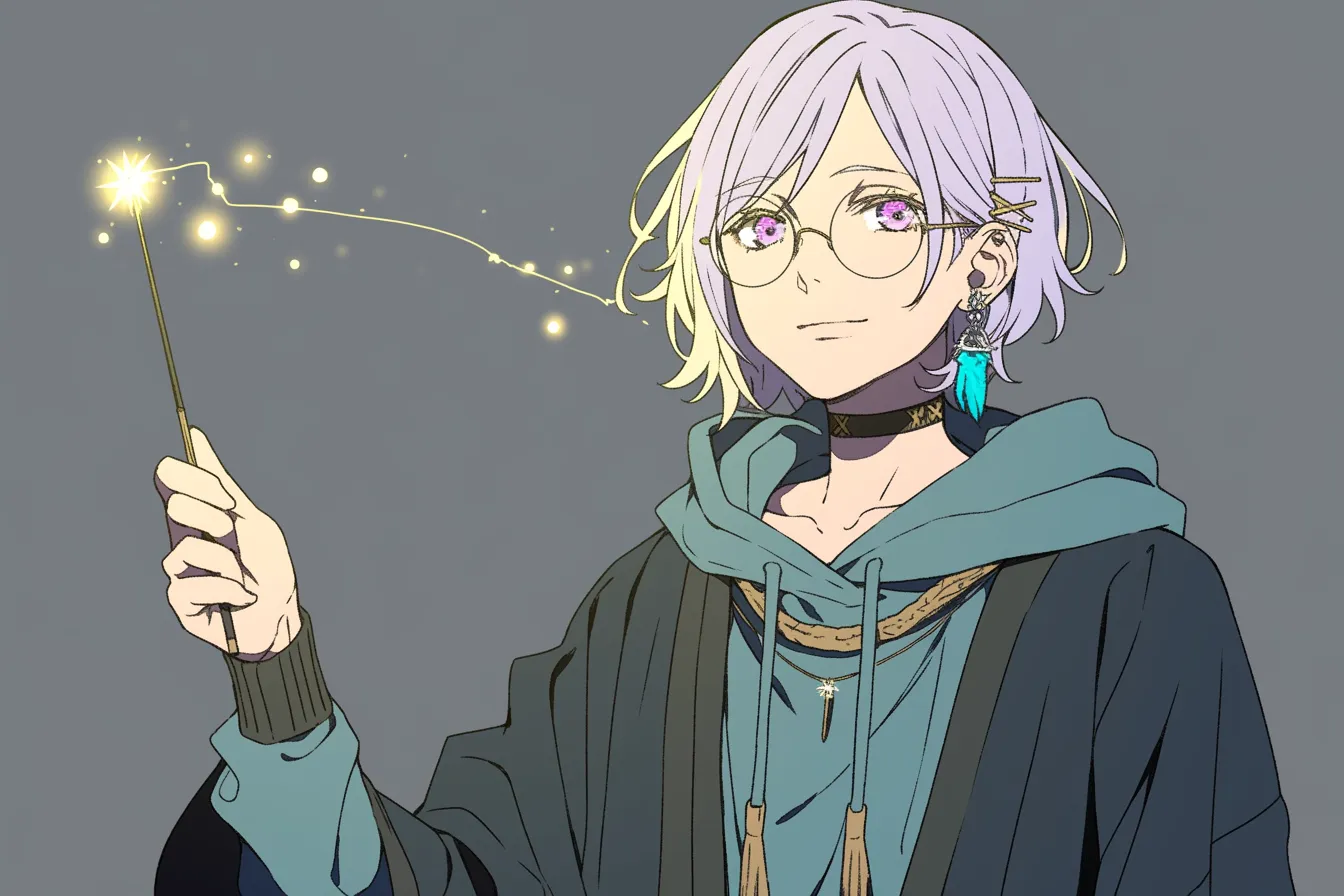 優しげな青年の杖キャラクター｜ふんわりした銀髪と穏やかな微笑が印象的な青年。光を放つ細身の杖が、知的で柔らかな雰囲気を際立たせる杖キャラクター。