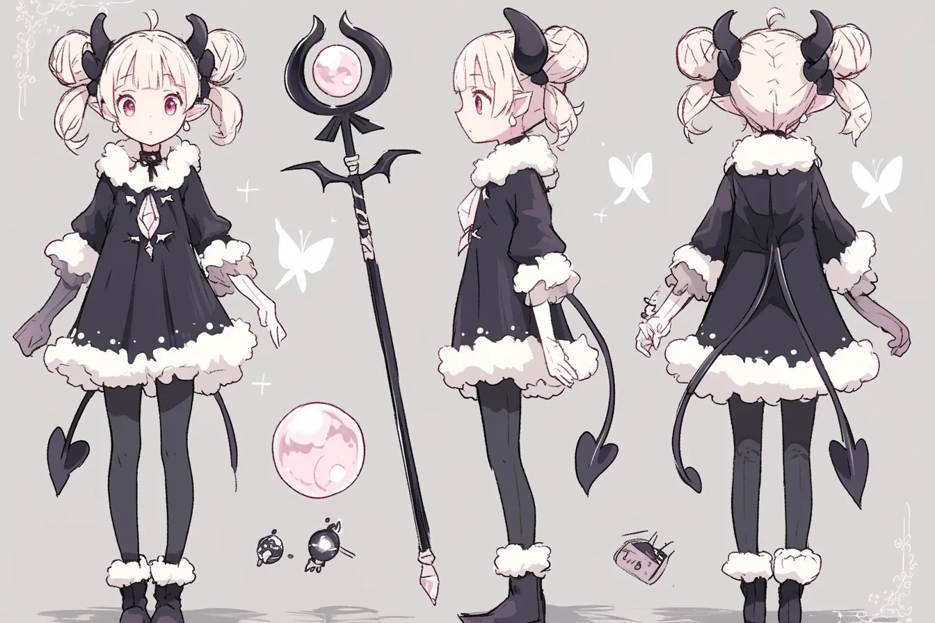 黒と白の悪魔風杖キャラクター｜ツインテールと角が印象的な小悪魔風少女。月のモチーフと闇を帯びた杖が、ポップでダークな杖キャラクターを完成させる。