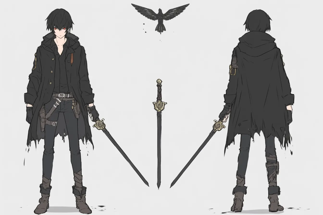 鴉を従えた漆黒の剣士キャラクター|全身黒の装いに鋭い視線が映え、背後に舞う鳥が影の象徴となっている。冷酷さと悲哀を帯びた雰囲気が独特の剣士キャラクターとして強く印象づける。